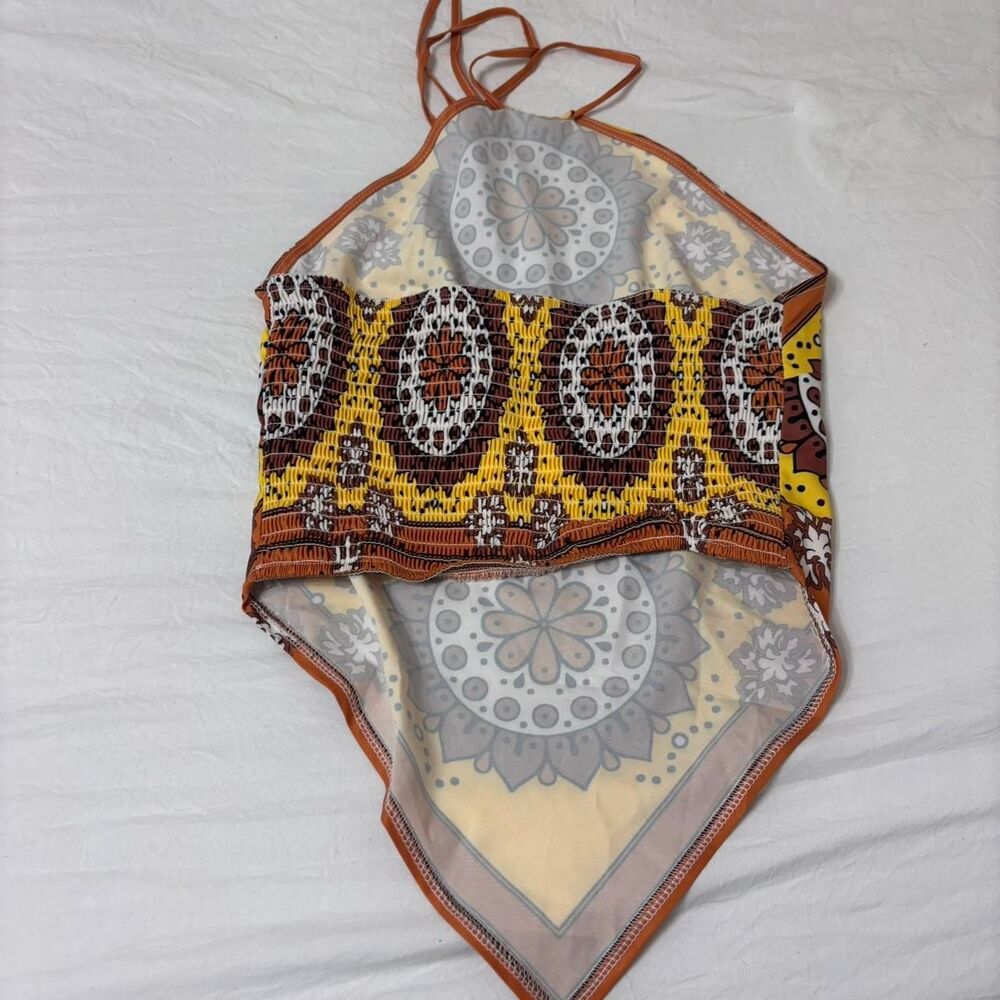 SHEIN Women's Yellow Orange Brown Bandana Halter Tie Small Blouse Print Tank Top